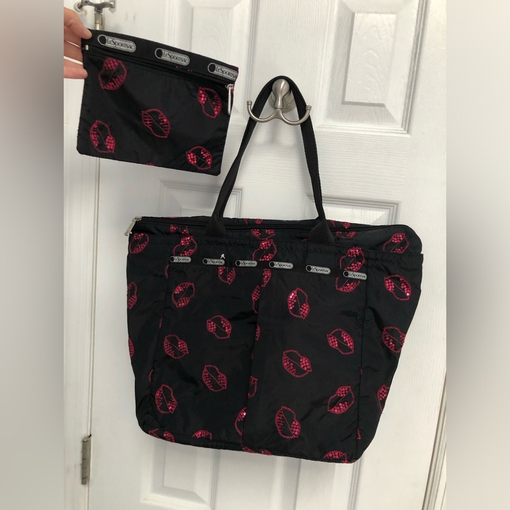 LeSportsac Sequin Lips Tote & Pouch Black Red Pink Zipper Nylon Hot